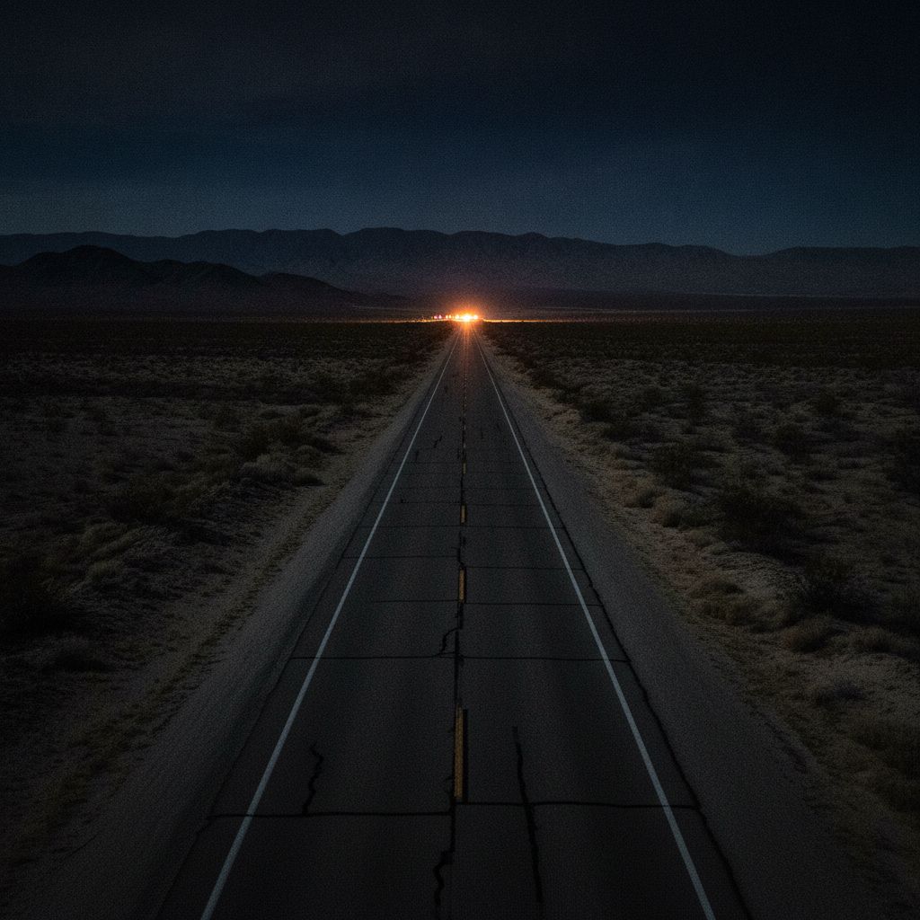 A dark desert highway stretching toward distant mountains at night